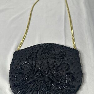 Black Beaded Evening Bag Gold Chain Art Deco Y2K Cocktail Mini Purse